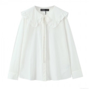 Women's Long Sleeve White Blouse Retro Elegant Ruffle Peter Pan Collar Bow Tie Shirt Solid Color Polyester Top For Daily Commuting Office Lady