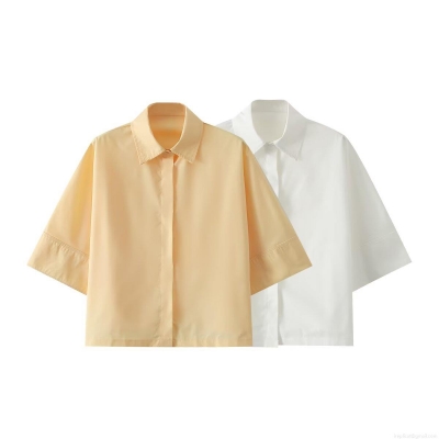 Women's Casual Loose Short Sleeve Lapel Shirt Solid Color Single Breasted Cropped Blouse With Pocket Summer Autumn Fashion Top