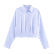 Women's Western Style Striped Cropped Shirt Long Sleeve Polyester Button Down Waist Pleated Blouse Streetwear Autumn Top for Ladies