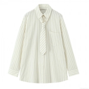 Women's Striped Long Sleeve Button Down Shirt With Tie Loose Casual Polyester Blouse Autumn Fashion Trendy Streetwear Oversized Lapel Top For Daily Work Wear