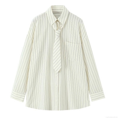 Women's Striped Long Sleeve Button Down Shirt With Tie Loose Casual Polyester Blouse Autumn Fashion Trendy Streetwear Oversized Lapel Top For Daily Work Wear