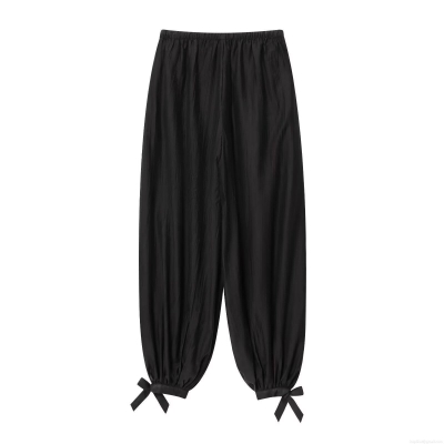 Women's European Style Pleated Lantern Pants With Bow Decor Elastic High Waist Polyester Bloomers For Daily Wear Autumn Casual Trousers