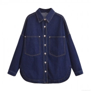 Women's Dark Blue Denim Style Shirt Jacket Long Sleeve Turn-Down Collar Single Breasted Blouse With Pockets Streetwear Casual Top