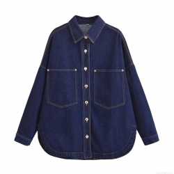 Women's Dark Blue Denim Style Shirt Jacket Long Sleeve Turn-Down Collar Single Breasted Blouse With Pockets Streetwear Casual Top