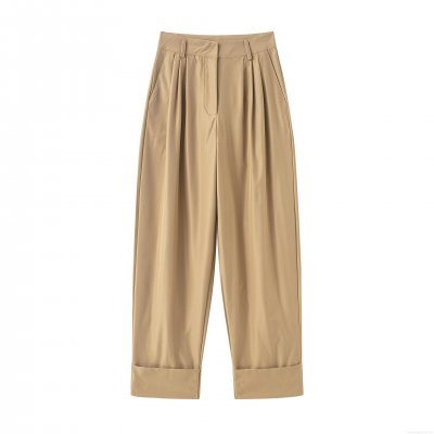 Women's Casual Wide Leg Pants 100% Polyester Mid Waist Pleated Trousers Khaki Solid Color Straight Long Pants Streetwear For Daily Office Commuting Cuffed Hem Loose Fitting Female Bottoms