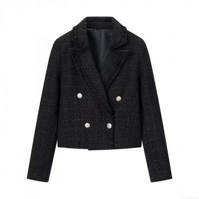 Women's Elegant Black Tweed Blazer Double Breasted Silver Metal Button Short Jacket Suit Outerwear Fall Winter Streetwear Lady Office Career