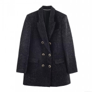 Women's Double Breasted Metallic Thread Tweed Blazer Jacket Long Sleeve Shimmer Black Suit Coat With Gold Buttons Elegant Streetwear Outerwear