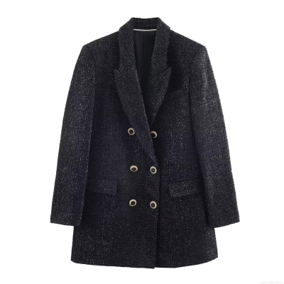 Women's Double Breasted Metallic Thread Tweed Blazer Jacket Long Sleeve Shimmer Black Suit Coat With Gold Buttons Elegant Streetwear Outerwear