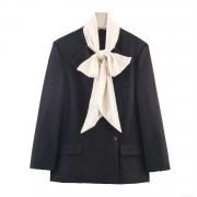 Women's Elegant Hepburn Style Black Blazer Jacket With Oversized Contrast Cream Satin Bow Double Breasted Streetwear Formal Party Outerwear For Women