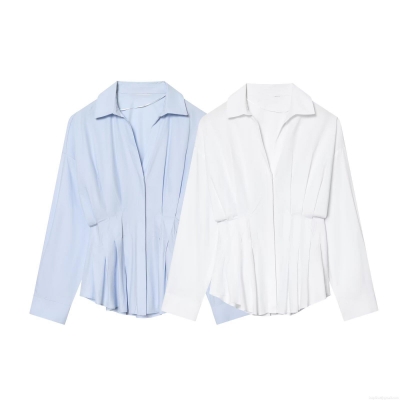 Women's Elegant Pleated Waist Long Sleeve Poplin Shirt Slim Fit V-Neck Solid Color Blouse for Office Work Business Casual Spring Autumn Fashion