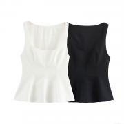 Women's Square Neck Peplum Top Sleeveless Polyester Spandex Slim Fit Ruffle Hem Tank Top For Casual Daily Wear Elegant Style