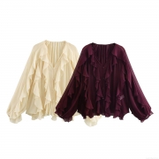Women's Elegant V-Neck Layered Ruffle Chiffon Blouse Long Sleeve Solid Color Button Down Shirt Fashion Casual Commute Tops For Women