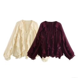 Women's Elegant V-Neck Layered Ruffle Chiffon Blouse Long Sleeve Solid Color Button Down Shirt Fashion Casual Commute Tops For Women