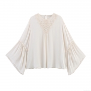 Women's Vintage Ethnic Embroidery Lace Blouse Elegant Pleated Long Sleeve Ruffle Cuff Solid Off-white Chiffon Shirt Loose Casual Palace Style Top