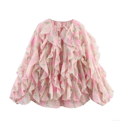 Women's Sweet Floral Print Ruffle Blouse Elegant Tie Neck Long Sleeve Polyester Spandex Shirt Casual Summer Fashion Tops for Ladies