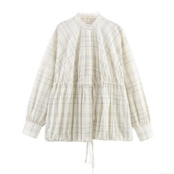 Women's Fashion Plaid Long Sleeve Drawstring Blouse Casual Turn-down Collar Button Up Shirt Jacket Polyester Spandex Loose Fit Tops