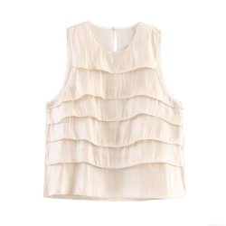 Elegant Women Sleeveless Layered Ruffle Satin Blouse Simple Solid Color Round Neck Tiered Tank Top For Party Date Summer Fashion Glossy Polyester Fabric