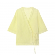 Women Kimono Style Striped Cardigan Top Slub Cotton Blend Cross V-Neck Tie Side Bow Vertical Stripes Summer Casual Vacation Lightweight Blouse