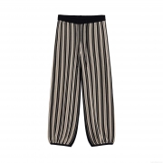 Women's Summer Vertical Striped Knit Wide Leg Pants Casual High Waist Drawstring Polyester Trousers For Daily Leisure