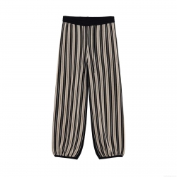 Women's Summer Vertical Striped Knit Wide Leg Pants Casual High Waist Drawstring Polyester Trousers For Daily Leisure