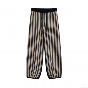 Women's Summer Vertical Striped Knit Wide Leg Pants Casual High Waist Drawstring Polyester Trousers For Daily Leisure