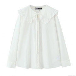 Sweet White Peter Pan Collar Ruffle Blouse With Bow Tie Long Sleeve Polyester Spandex Loose Shirt For Women Daily Casual Autumn Tops