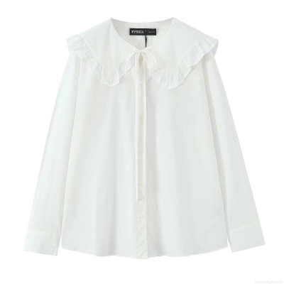 Sweet White Peter Pan Collar Ruffle Blouse With Bow Tie Long Sleeve Polyester Spandex Loose Shirt For Women Daily Casual Autumn Tops
