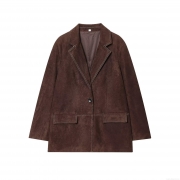Women's Faux Suede Blazer Jacket With Contrast Stitching Lapel Single Breasted Long Sleeve Casual Outerwear Vintage Coffee Brown Fall Winter Commuter Coat