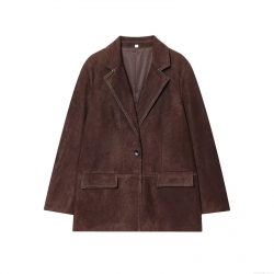 Women's Faux Suede Blazer Jacket With Contrast Stitching Lapel Single Breasted Long Sleeve Casual Outerwear Vintage Coffee Brown Fall Winter Commuter Coat