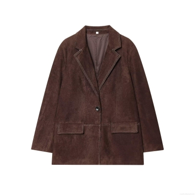 Women's Faux Suede Blazer Jacket With Contrast Stitching Lapel Single Breasted Long Sleeve Casual Outerwear Vintage Coffee Brown Fall Winter Commuter Coat