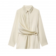 Women's Elegant Satin Silk Blouse Lapel Long Sleeve Twist Front Pleated Shirt With Gold Button Office Commute Solid Color Tops