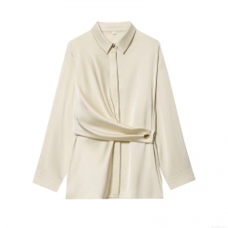 Women's Elegant Satin Silk Blouse Lapel Long Sleeve Twist Front Pleated Shirt With Gold Button Office Commute Solid Color Tops