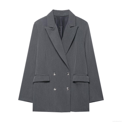 Women's Double Breasted Blazer Jacket 100% Polyester Solid Color Professional Office Suit Coat With Metal Buttons Slim Fit Casual Outerwear