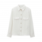 Women's Elegant White Long Sleeve Blouse Minimalist Padded Shoulder Shirt With Gold Buttons Double Chest Pockets Crepe Fabric Office Top For Women
