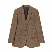 Women Elegant Herringbone Wool Blend Blazer Jacket Fashion Single Breasted Notched Lapel Tweed Suit For Office Work Commute Long Sleeve Loose Fit Outerwear