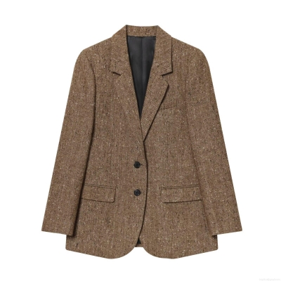 Women Elegant Herringbone Wool Blend Blazer Jacket Fashion Single Breasted Notched Lapel Tweed Suit For Office Work Commute Long Sleeve Loose Fit Outerwear
