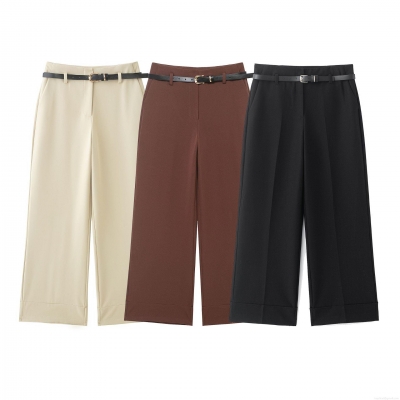 Women's High Waist Wide Leg Pants With Belt Office Straight Trousers Cuffed Hem Casual Long Pants Plaid Textured Workwear Streetwear Bottoms