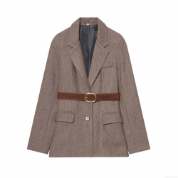 Women's Winter Herringbone Blazer Jacket With Belt Retro Brown Woolen Feel Suit Elegant Office Commute Long Sleeve Slim Fit Outerwear For Lady
