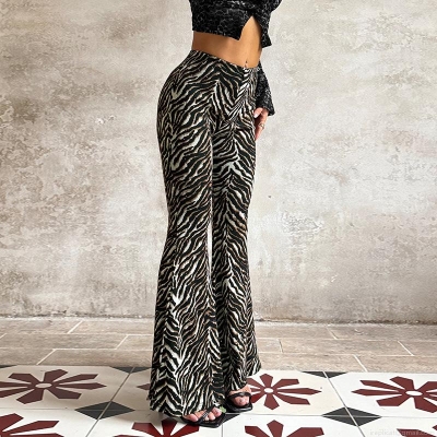 Women's Sexy Animal Print Flared Pants Rhinestone Zebra Tiger Pattern High Waist Bell Bottoms Polyester Spandex Flaring Trousers Streetwear