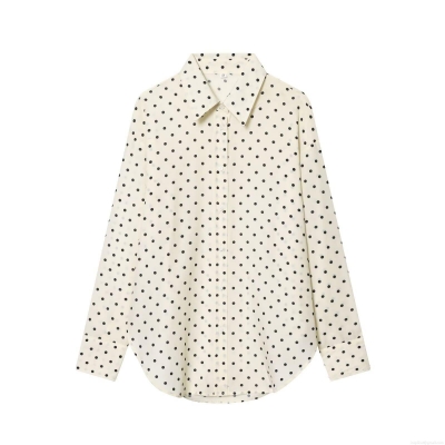 Women's Vintage Polka Dot Blouse Long Sleeve Lapel Button Down Shirt Casual Loose Polyester Cotton Top For Daily Work Lady