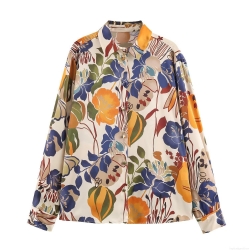 Women's Abstract Floral Printed Satin Shirt Elegant Long Sleeve Button Down Blouse Vintage Silk Texture Office Party Casual Top