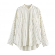 Women's Striped Long Sleeve Shirt Stand Collar Polyester Blouse With Pockets Casual Loose Button Down Top For Office Daily Wear Fashion Poplin Shirt