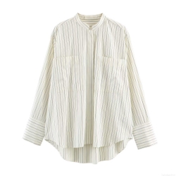 Women's Striped Long Sleeve Shirt Stand Collar Polyester Blouse With Pockets Casual Loose Button Down Top For Office Daily Wear Fashion Poplin Shirt