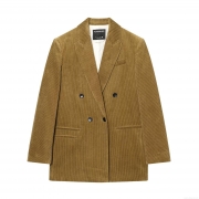 Women's Retro Corduroy Blazer Double Breasted Elegant Solid Color Notched Lapel Casual Long Sleeve Suit Jacket Outerwear Coat