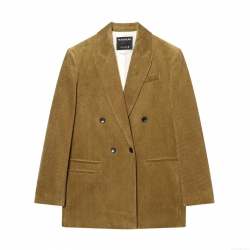 Women's Retro Corduroy Blazer Double Breasted Elegant Solid Color Notched Lapel Casual Long Sleeve Suit Jacket Outerwear Coat