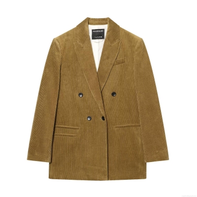 Women's Retro Corduroy Blazer Double Breasted Elegant Solid Color Notched Lapel Casual Long Sleeve Suit Jacket Outerwear Coat