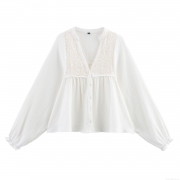 Women's Vintage Embroidered White Blouse V-Neck Long Sleeve Cotton Blend Top Casual Bohemian Crinkled Texture Shirt With Ruffle Cuffs For Women Elegant Loose Fit Summer Spring Apparel