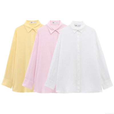 Women's Casual Long Sleeve Shirt Cotton Linen Blend Button Down Blouse Back Drawstring Detail Loose Solid Color Spring Autumn Fashion Minimalist Top