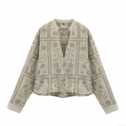 Women's Vintage Sage Green Floral Embroidered Blouse Long Sleeve Hollow Out Button Down Cotton Blend Shirt Elegant Casual Tops