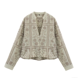 Women's Vintage Sage Green Floral Embroidered Blouse Long Sleeve Hollow Out Button Down Cotton Blend Shirt Elegant Casual Tops